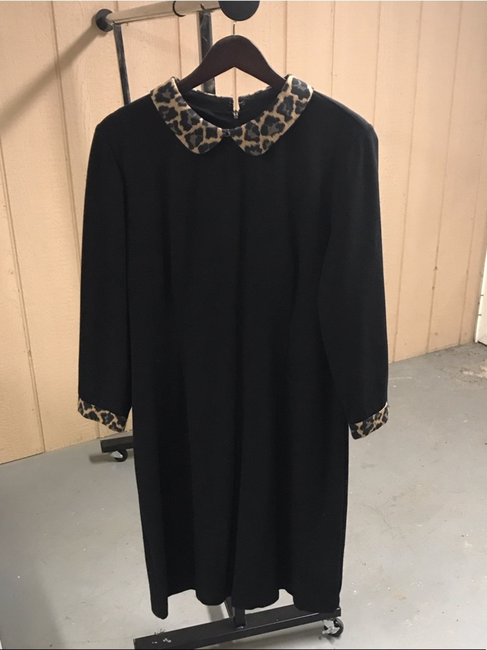 Black Dress with Leopard Print Collar and Cuffs